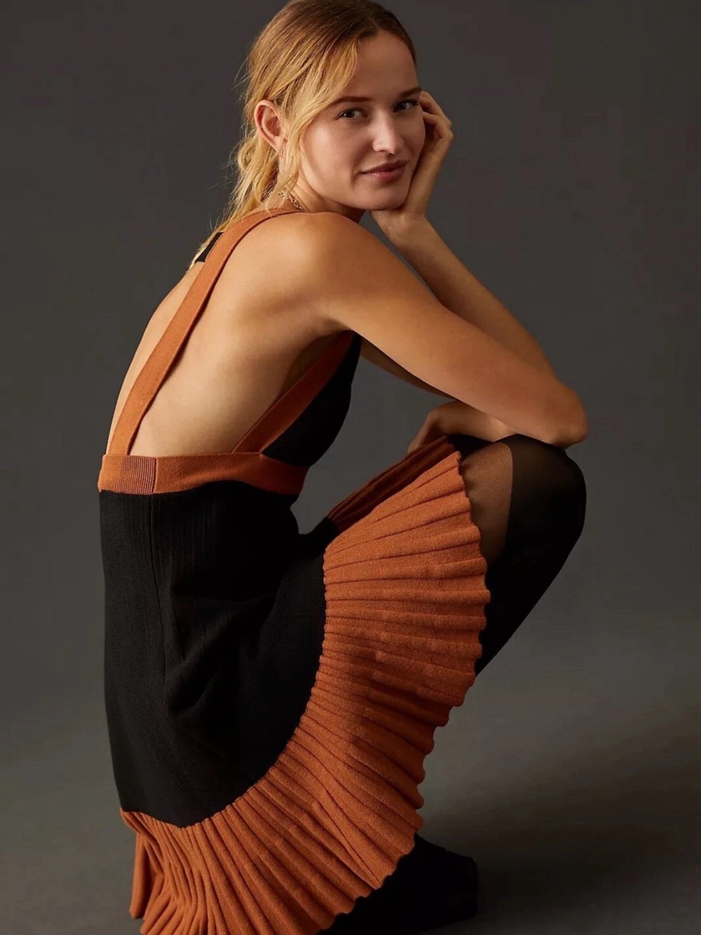 NWOT Anthropologie Black and Burnt Orange Plunging V-Neck Pleated Hem Dress - Picture 3 of 10